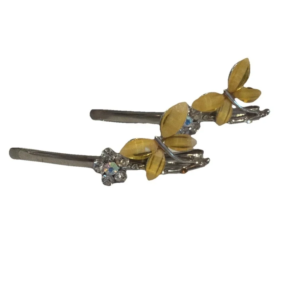 VTG 2 Hair Clips Women's Rhinestone Flower Butterfly Silvertone READ MORE‎